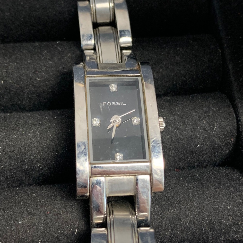 Fossil F2 ES-9716 Women Silver Tone Stainless Steel Black Dial Crystal Watch